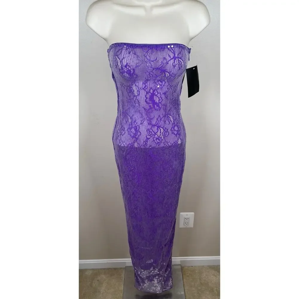 RETROFETE Lucia Sequin Strapless Bodycon Lace Sheer Purple Maxi Dress Size XXS - Picture 5 of 12